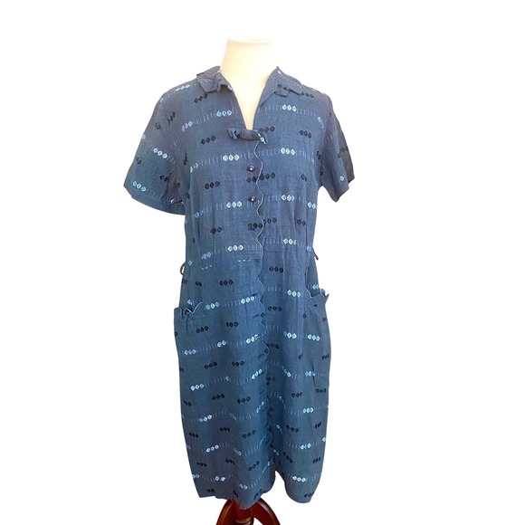 Handmade Dresses & Skirts - Vintage 50's dress Blue scalloped Midi blue retro rockabilly bohemian L